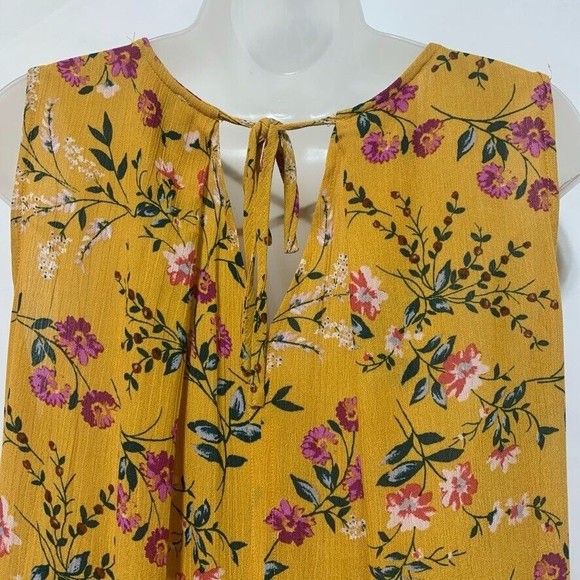 Umgee USA Yellow Floral Print Tunic Top Sleeveless Criss Cross Neck Tie Back M - Picture 6 of 11